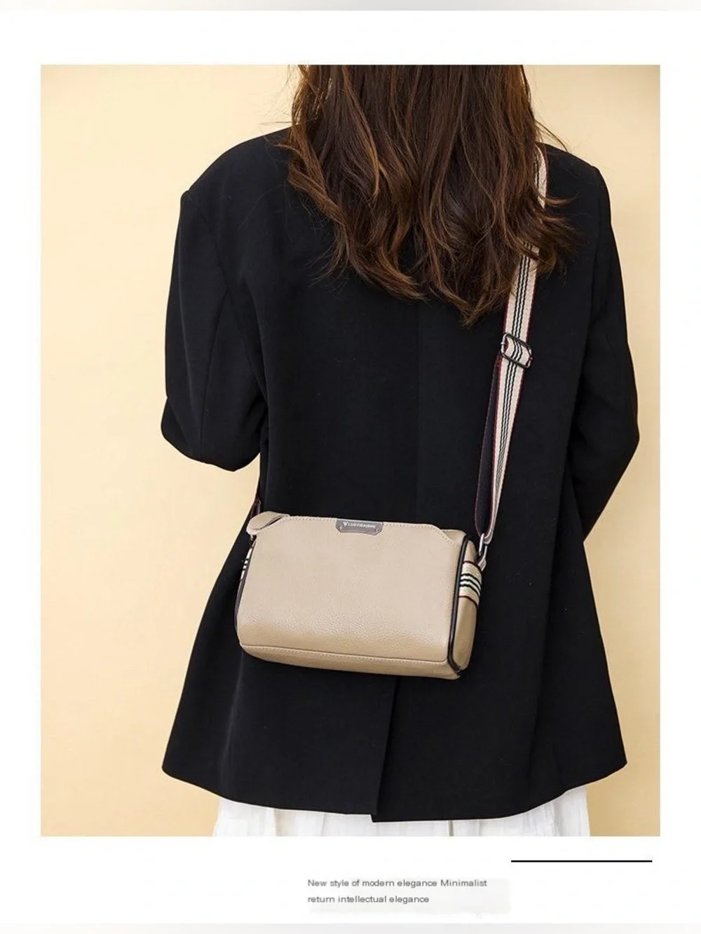 Off White Genuine Leather Crossbody Bag with Striped Strap